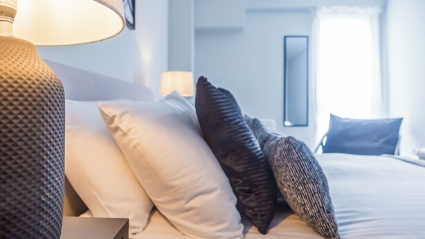 Een net opgemaakt bed met meerdere kussens, een bedlampje en een spiegel aan de muur.