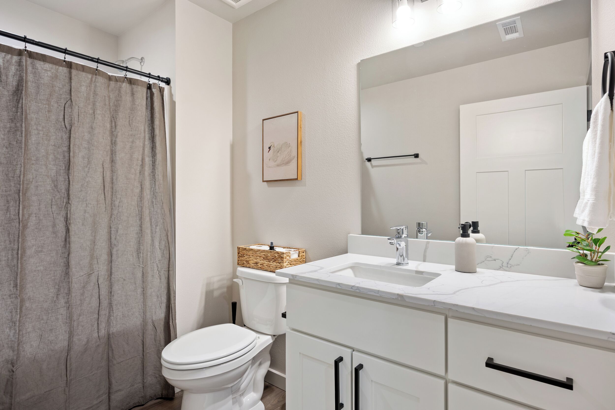 Un bagno con un WC bianco, una tenda da doccia, un lavandino con specchio e una pianta in vaso.
