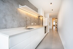 A modern kitchen with a white countertop, stainless steel sink, and a grey backsplash. - S o Vicente Apartment By Minho s Guest (Braga)