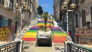 A staircase with colorful steps leading up to a building. - Apartment center, Timone/Stade vélodrome (Marseille)