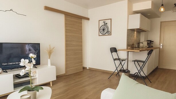 A modern living room with a sofa, a coffee table, and a TV. There is a dining area with chairs and a table. The room has wooden flooring and white walls. - Apartment center, Timone/Stade vélodrome (Marseille)
