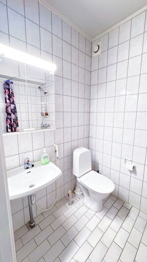 Een douche, een haardroger, een bidet, handdoeken