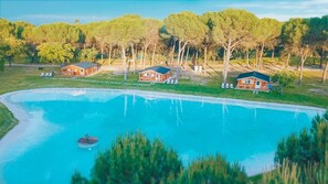 A large swimming pool surrounded by wooden cabins with a view of a forested area. - Chalet do Lago (Ponte de Sor)