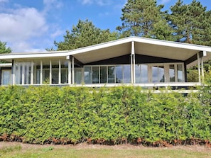 A modern house with a covered porch, large windows, and a well-maintained hedge in front. - 4 Star Holiday Home in Haarby (Haarby)