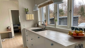 A modern kitchen with a large island, a window with a view, and a bowl of fruit on the counter. - 5 Star Holiday Home in Vejby (Vejby)