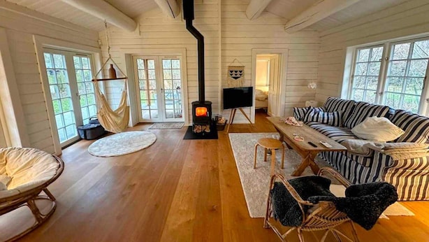 Een knusse woonkamer met een open haard, een bank, een hangstoel en een televisie.