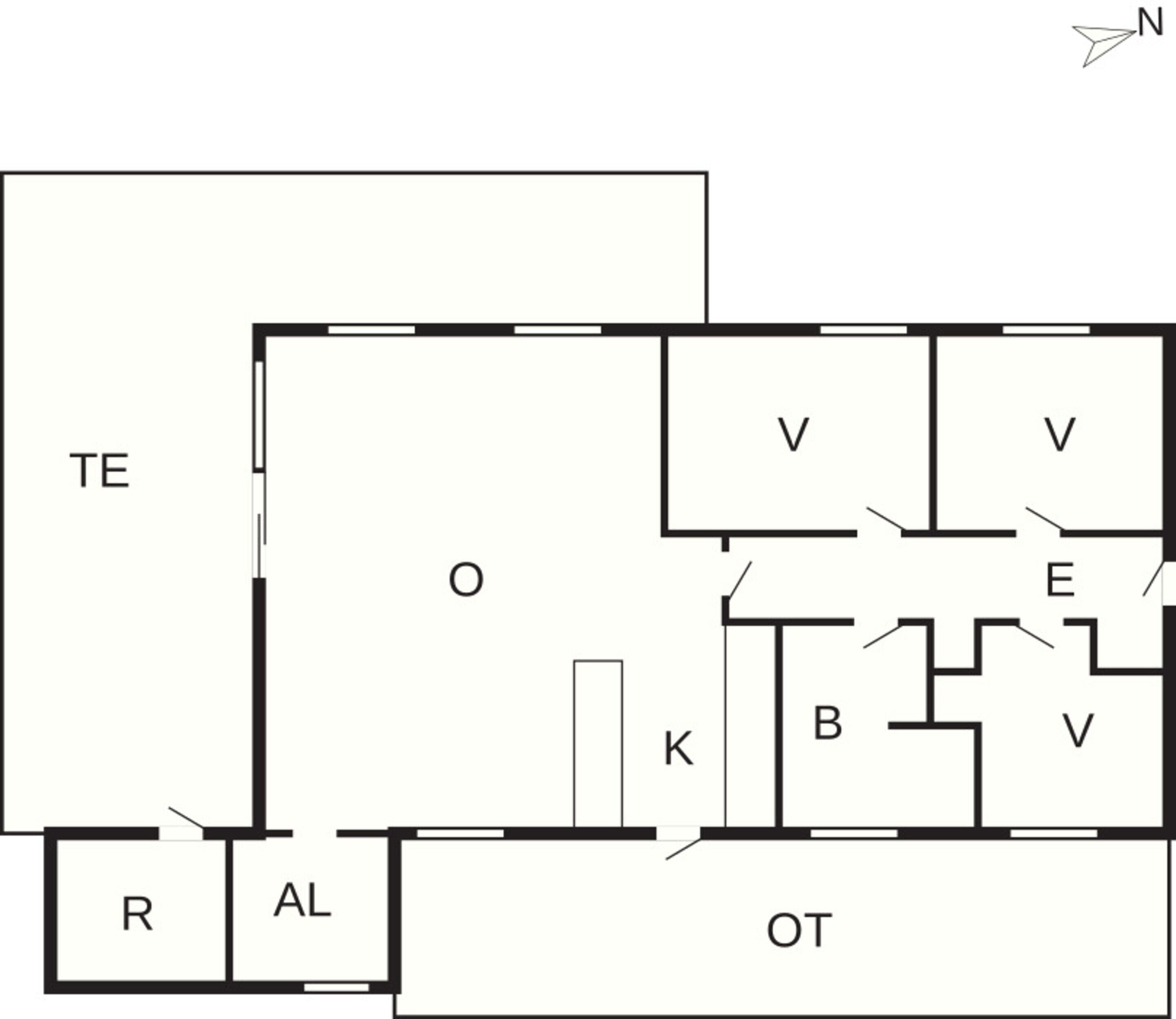 Un plan d’étage indiquant les différentes pièces, notamment les suivantes : salle de technologie (TE), salle de repos (R), salle d’activités (AL), bureau (O), vestiaire (V), cuisine (K), salle de bain (B), salle d’étude (E) et salle de rangement (OT).