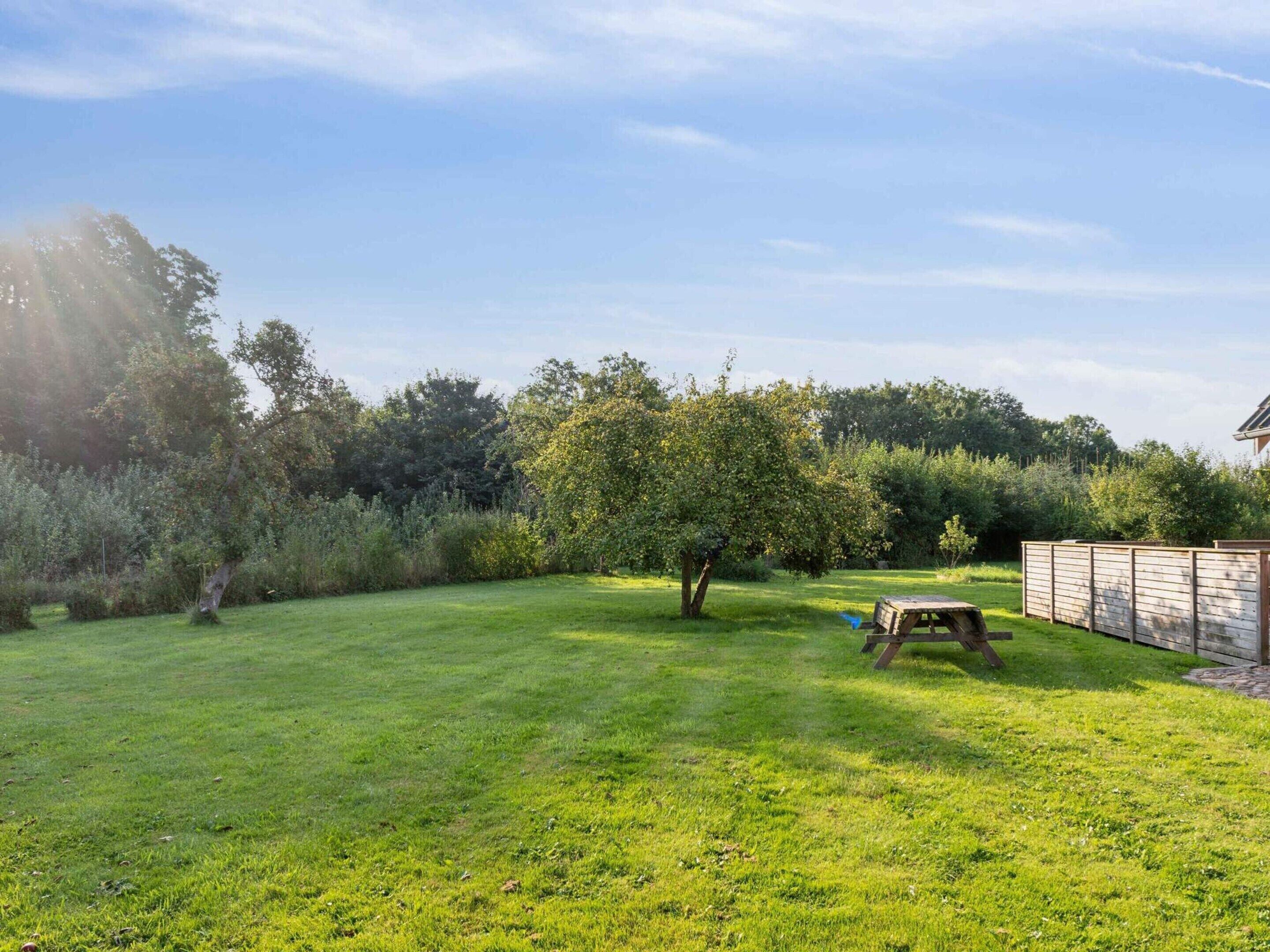 A grassy backyard with a wooden fence, a picnic table, and a tree.
