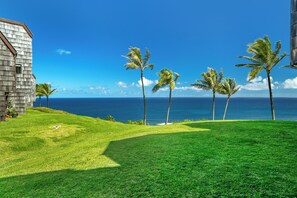 A grassy lawn with a view of the ocean and palm trees. - Remodeled Ground Floor Ocean Views at Sealodge J5 (Princeville)