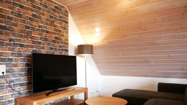 Een moderne woonkamer met een bakstenen muur, houten plafond, een flatscreen televisie op een houten standaard, een klein rond tafeltje en een grijze bank.