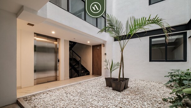Ein moderner Gebäudeeingang mit Aufzug, Treppe und Topfpflanzen.