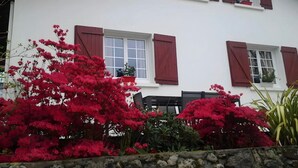 Un edificio blanco con contraventanas rojas, un muro de piedra y plantas de flores rosadas.