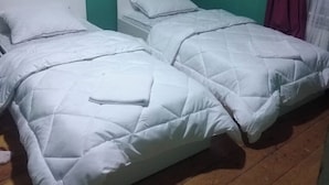 A room with two beds, green walls, wooden flooring, and an air conditioning unit. - Iceri iki (Baku)