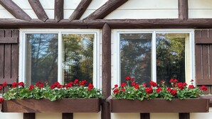 Ein Gebäude mit zwei Fenstern, jeweils mit Holzklappläden und einem Holz-Blumenkasten mit roten Blüten.