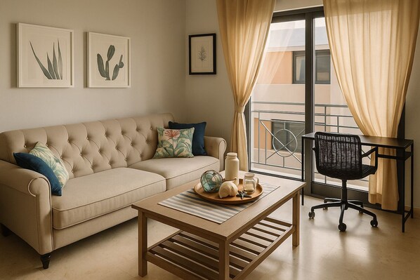 A living room with a beige sofa, a wooden coffee table with decorative items, a black office chair, and a window with curtains.