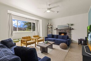 Télévision, cheminée, espaces bureaux