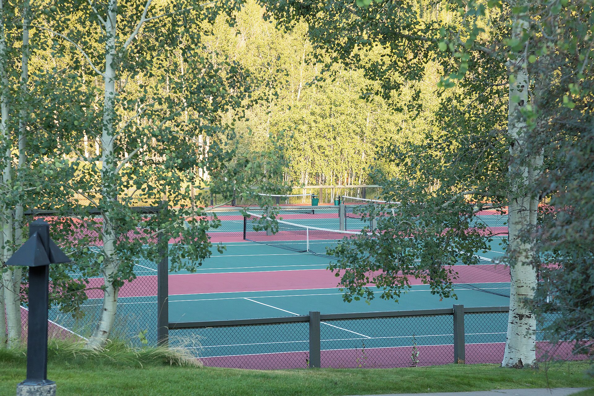An outdoor tennis court surrounded by trees.