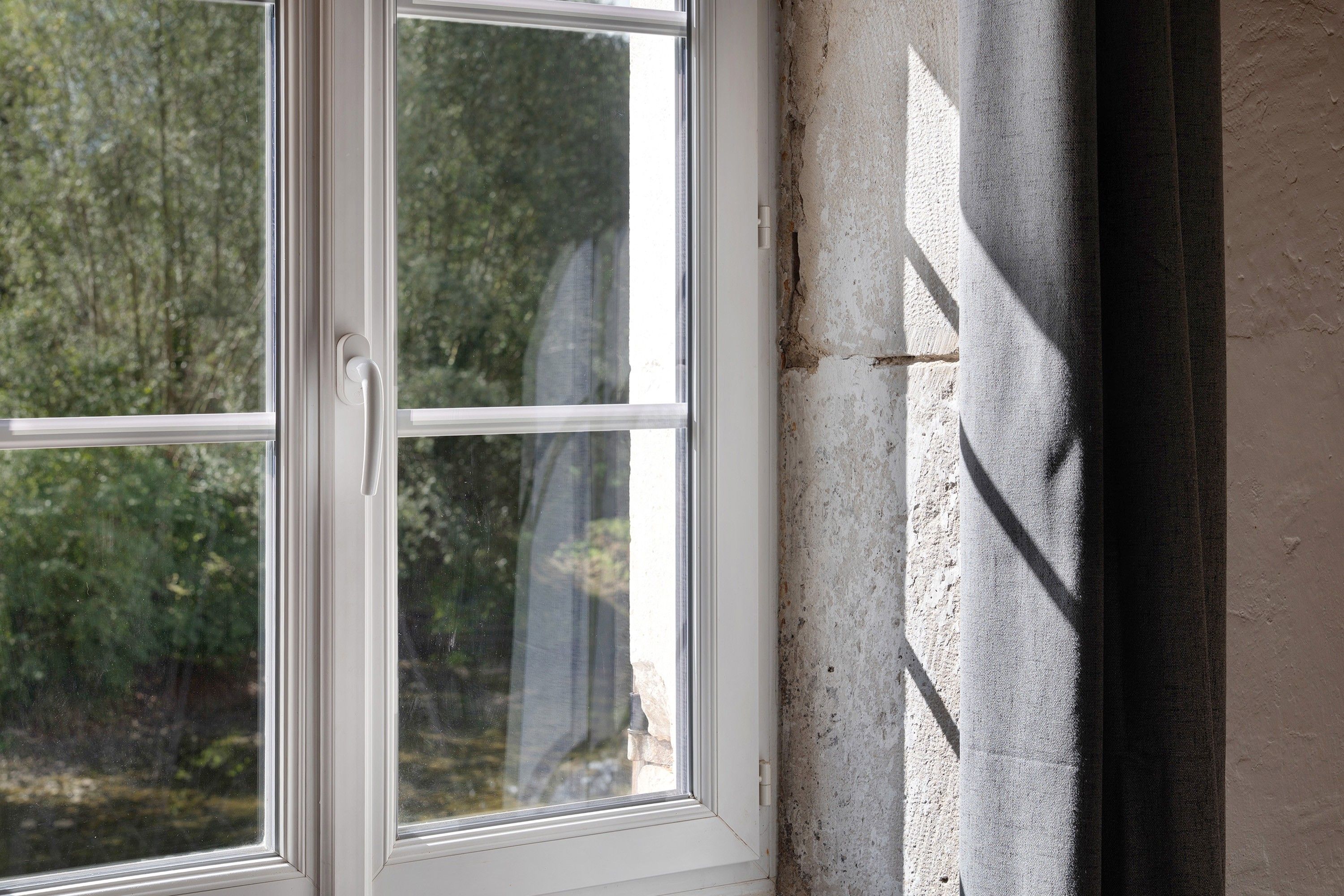 A window with a view of greenery outside.