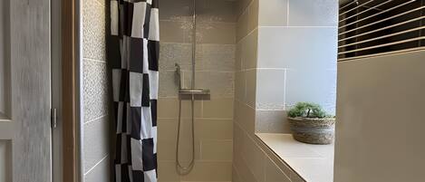Shower, free toiletries, hair dryer