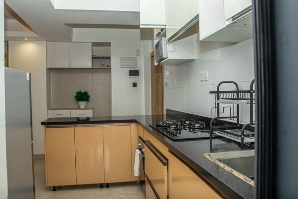 Apartamento clássico, sacada, vista para a cidade | Cozinha privada | Geladeira grande, micro-ondas, fogão, cooktop