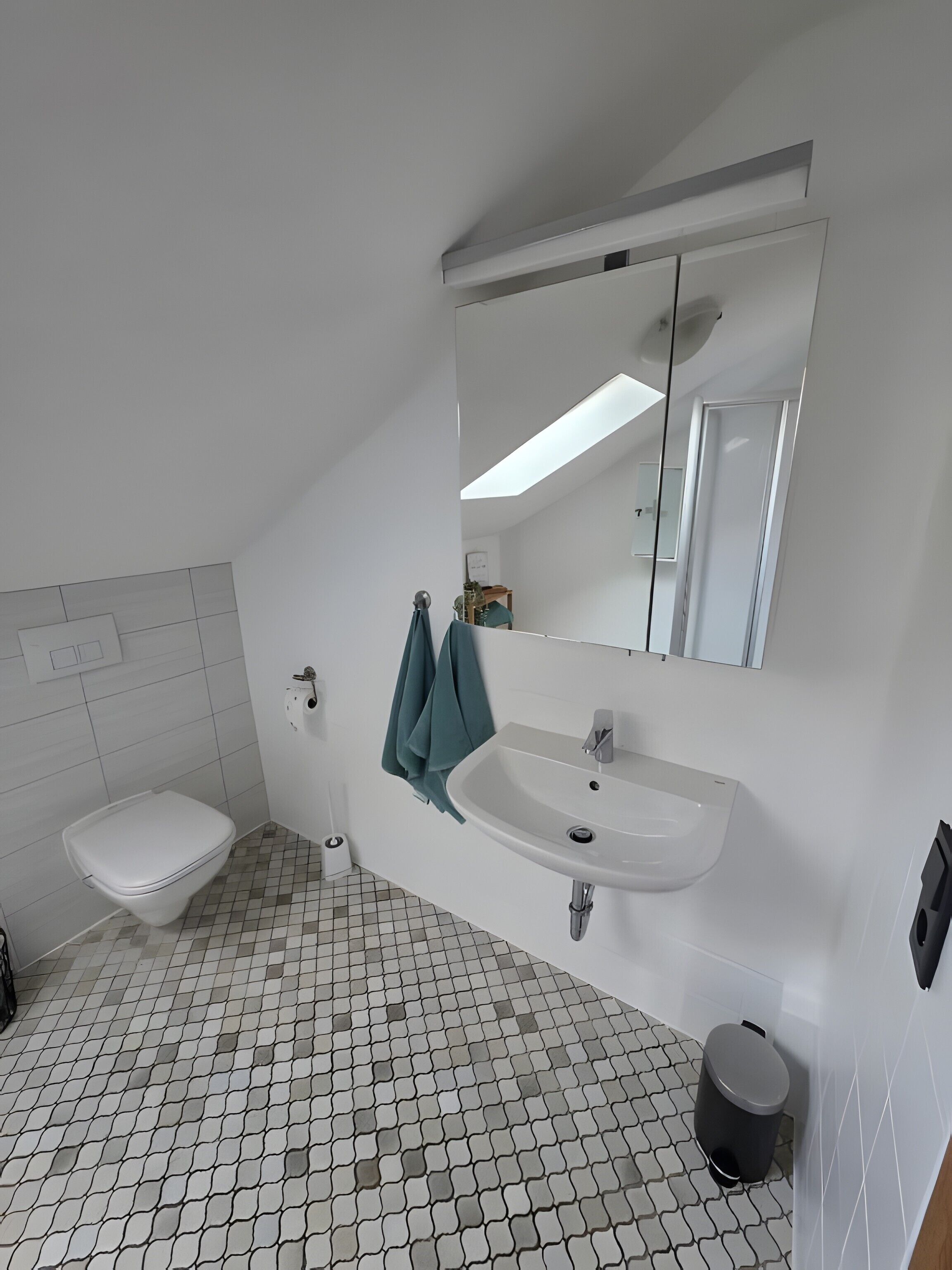 Shower, hair dryer, towels, toilet paper