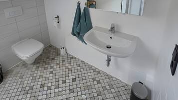 Shower, hair dryer, towels, toilet paper