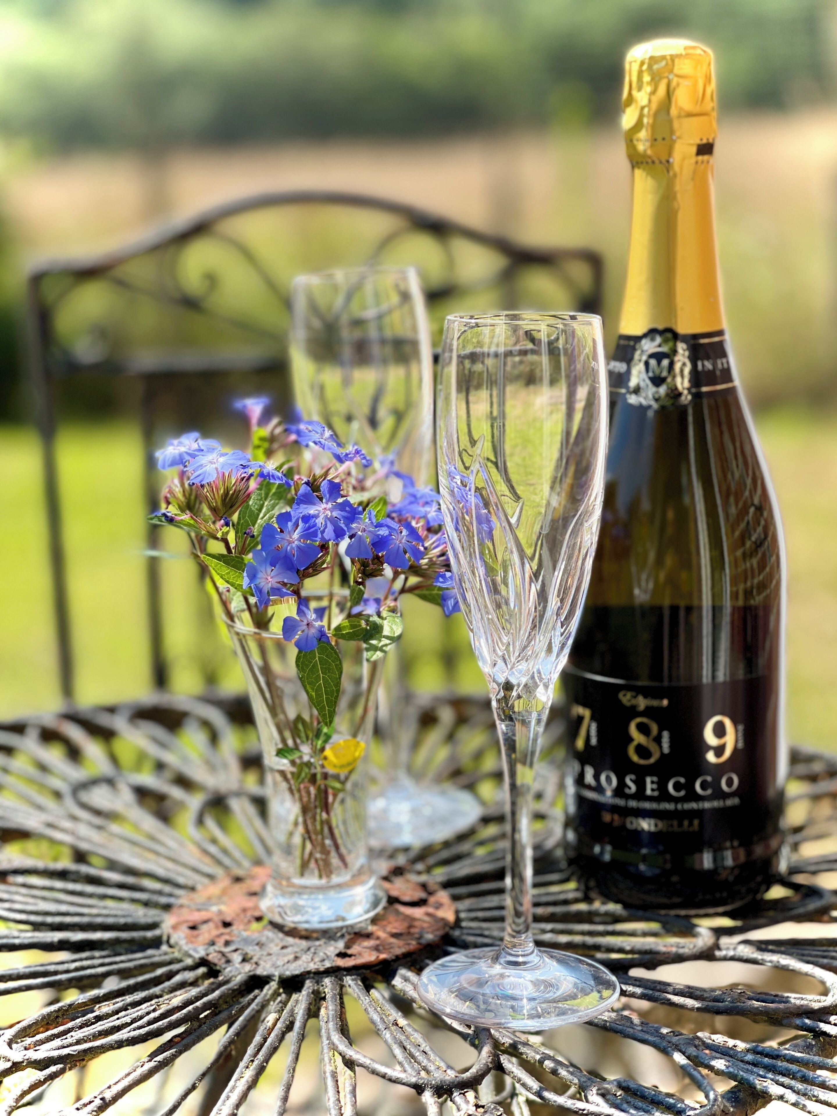 Une bouteille de vin rosé, deux verres à vin transparents et un petit vase avec des fleurs bleues, le tout posé sur une table en métal à l’extérieur.