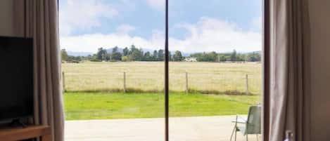 A room with a large sliding glass door leading to an outdoor area with a grassy field and a chair.