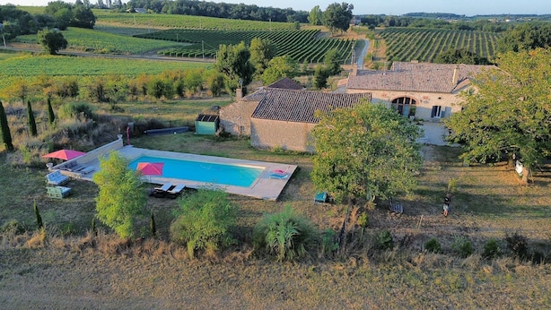 A villa with a swimming pool, surrounded by vineyards and trees.