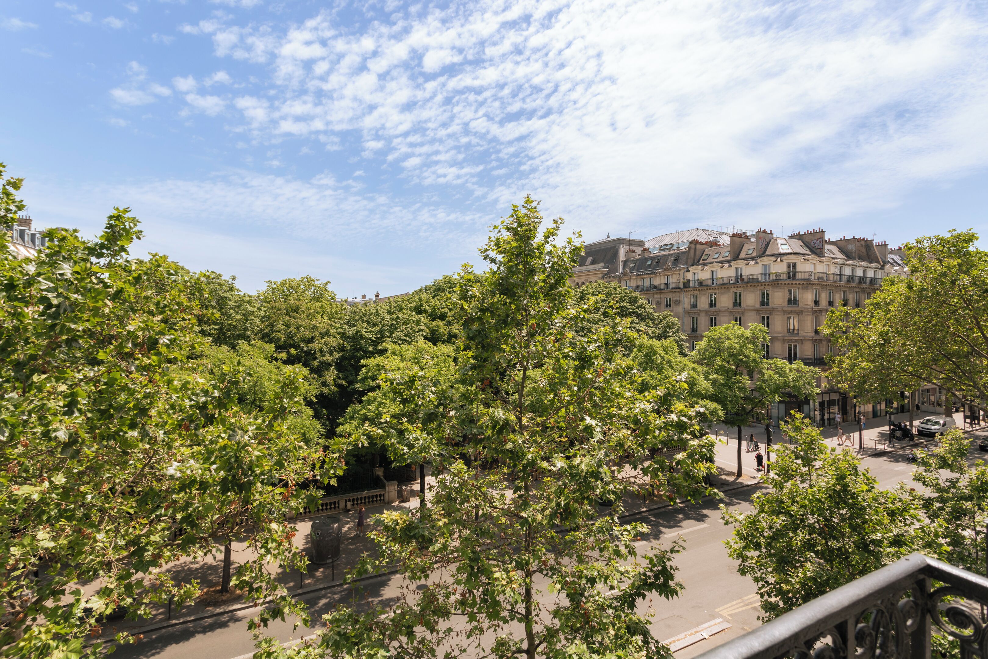 Vista da rua com árvores, edifícios e céu claro.