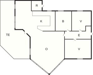 A floor plan with labeled rooms R, K, B, V, E, and O.
