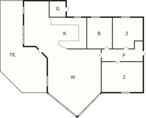 A floor plan with labeled rooms: TE, G, K, B, W, Z, and F.