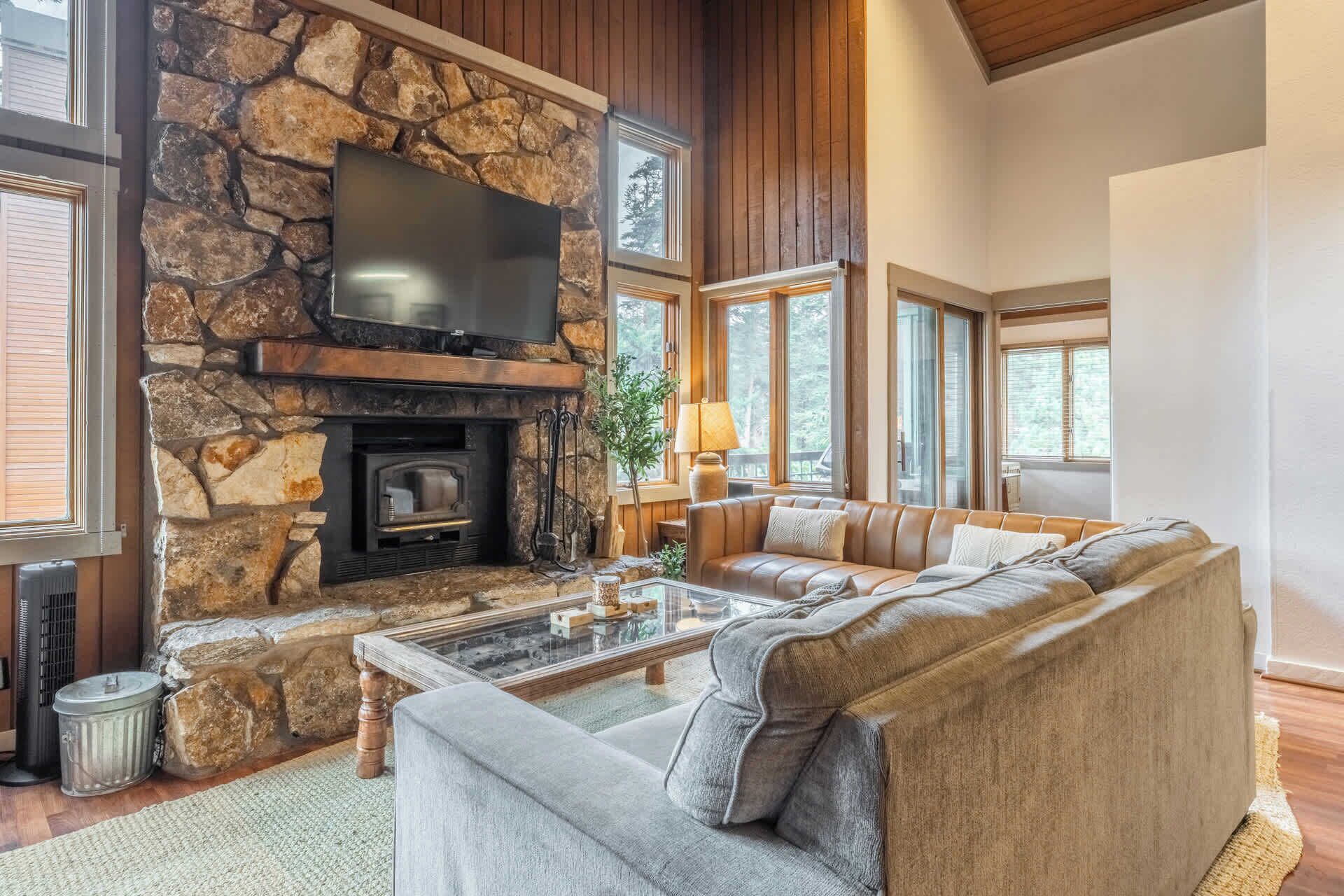 Televisión, chimenea, reproductor de DVD y oficina 