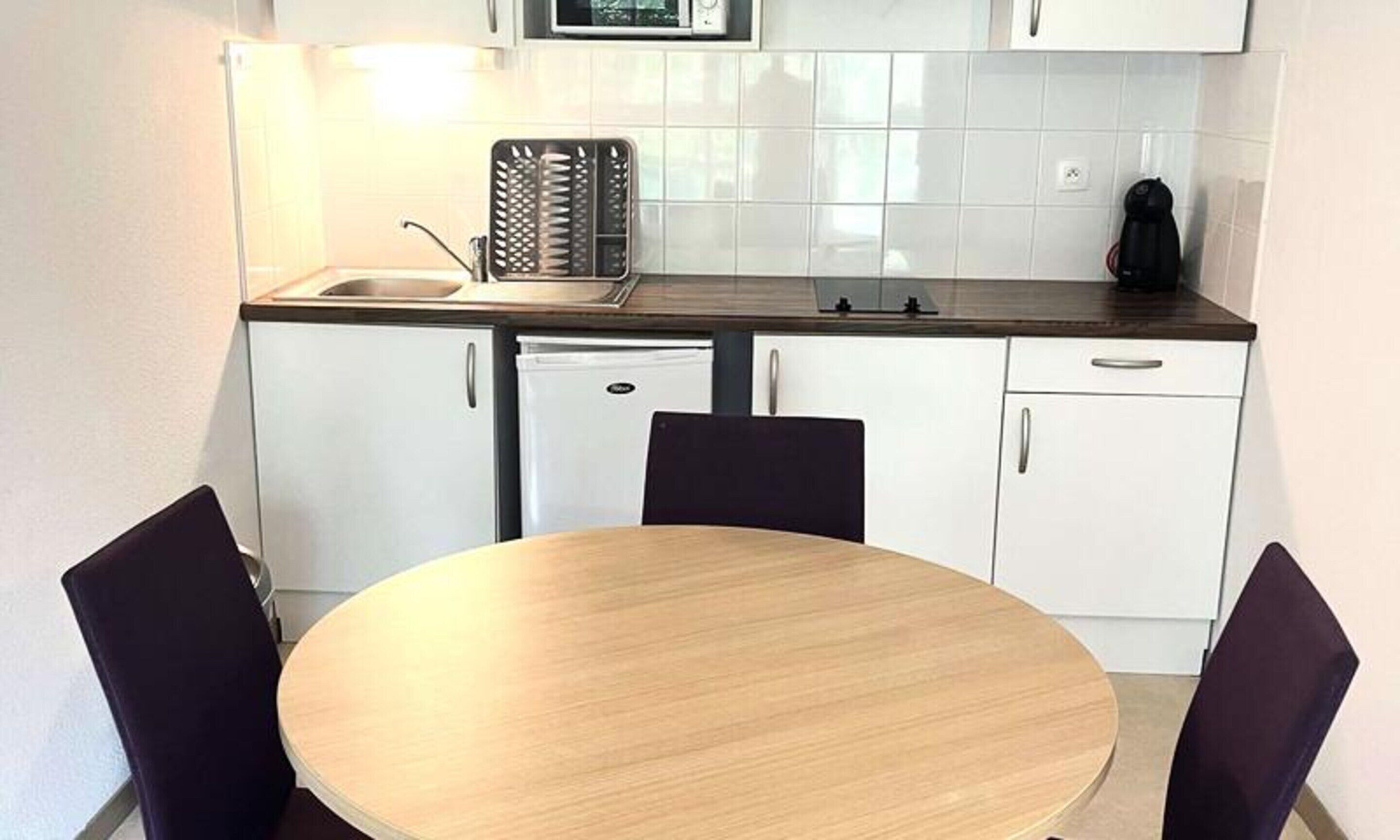 Fridge, microwave, electric kettle, toaster