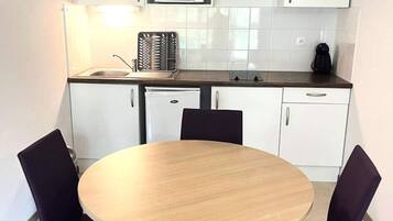 Fridge, microwave, electric kettle, toaster