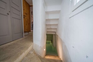 Un couloir étroit avec une porte en bois sur la gauche, un escalier avec un palier vert et des murs blancs.