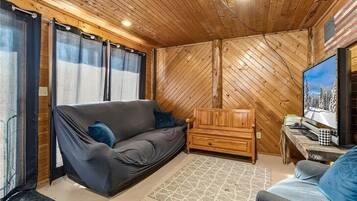 Smart TV, fireplace, books, offices