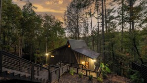 A cabin with a metal staircase leading to a wooden deck, surrounded by dense forest. - A Place and Time Blue Ridge GA (Blue Ridge)