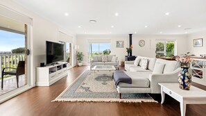 Smart TV, fireplace, books, stereo