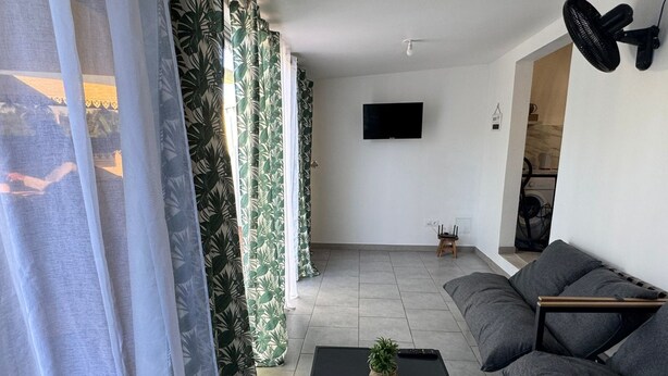 A living room with a sofa, a coffee table, a TV, and a fan. - VILLA LAZUREA located in the heart of Terre-Sainte on the main avenue (Saint-Pierre)