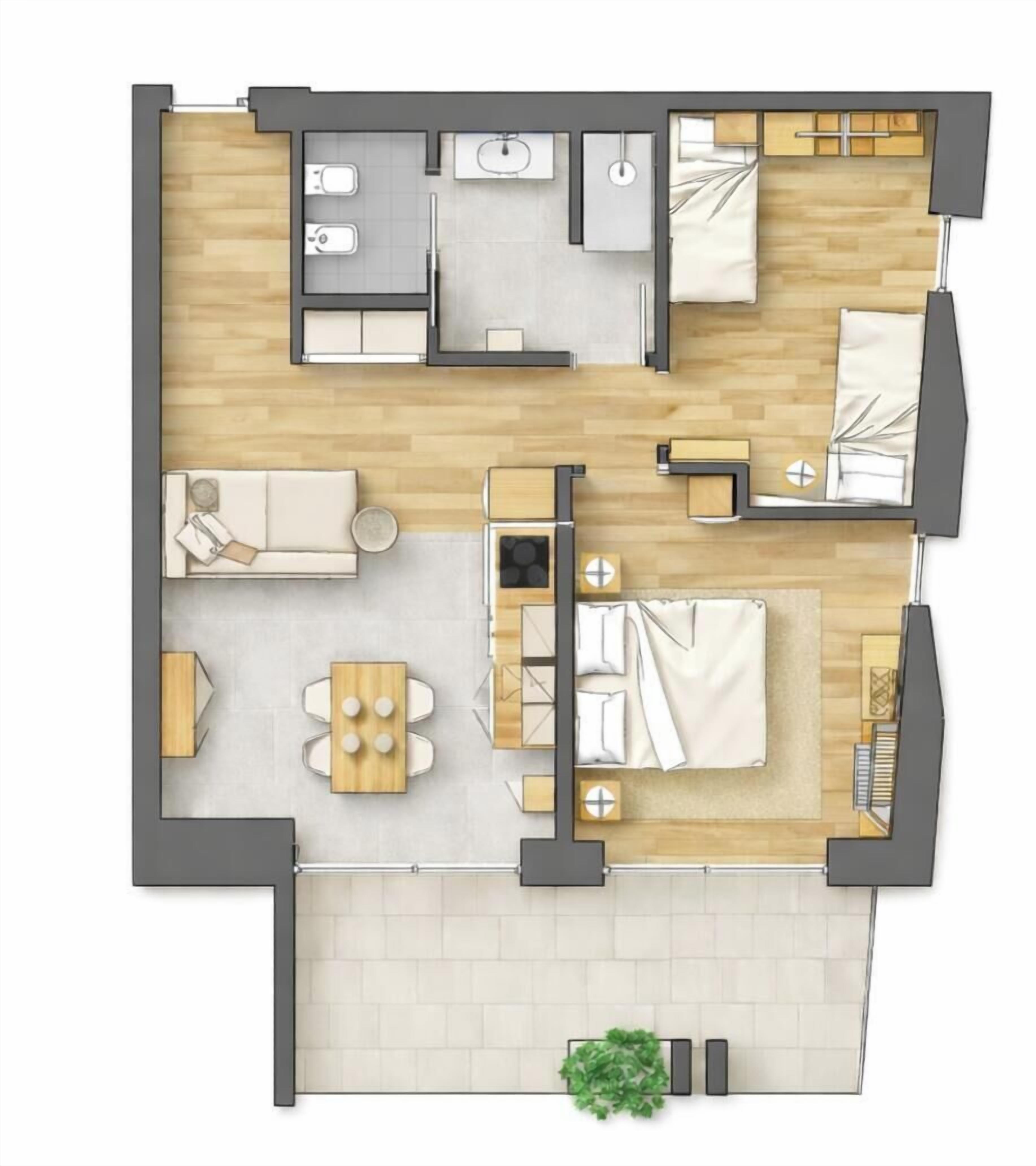 A 2-bedroom apartment layout with a kitchen, dining area, and a small balcony.