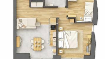 Disposizione di un appartamento con due camere da letto, cucina, zona pranzo e un piccolo balcone.