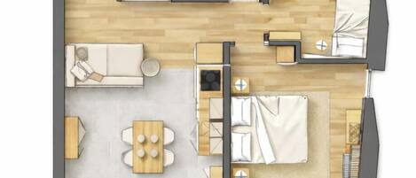 A 2-bedroom apartment layout with a kitchen, dining area, and a small balcony.