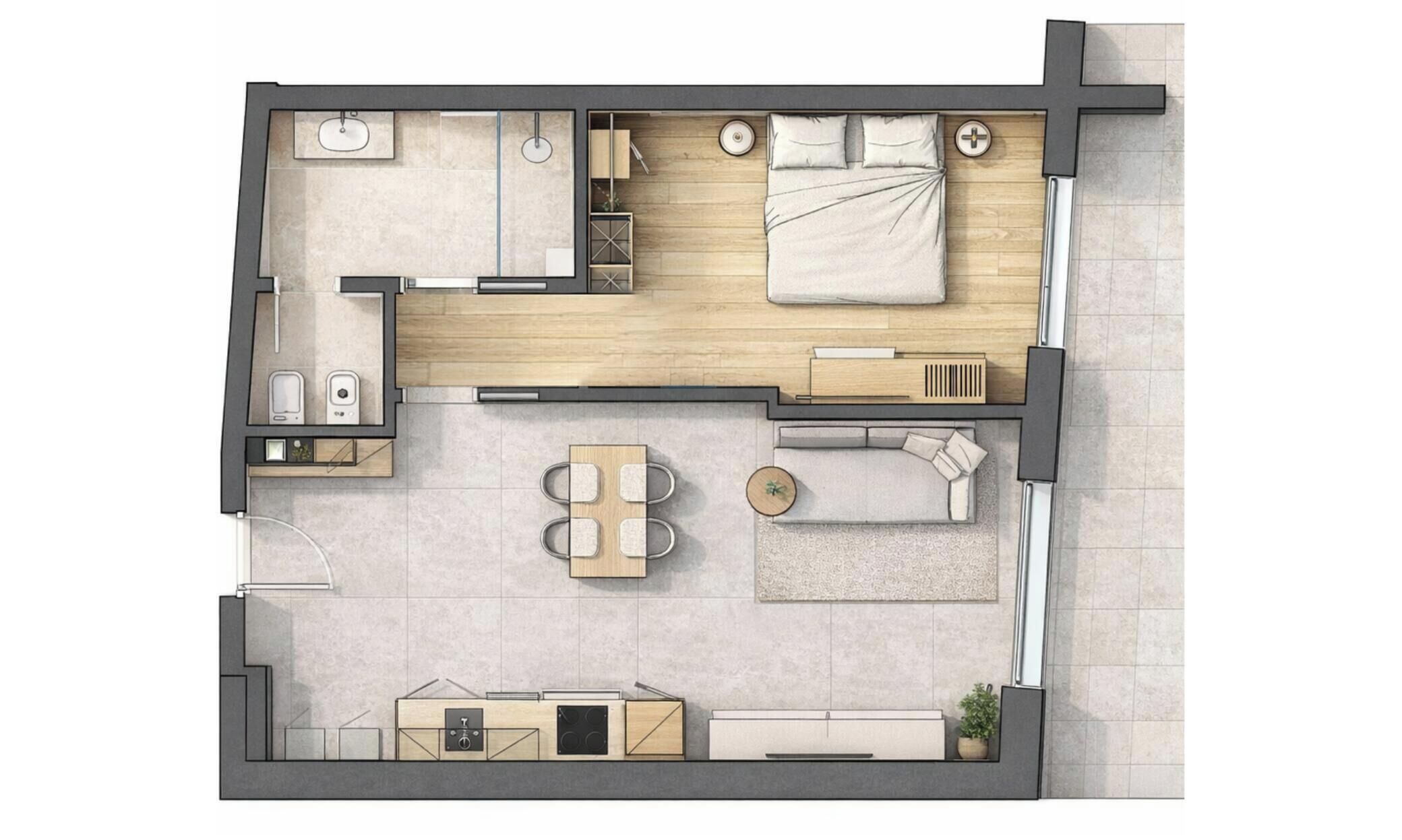Plano de planta de un apartamento moderno que incluye un dormitorio, baño, cocina, comedor y sala de estar.