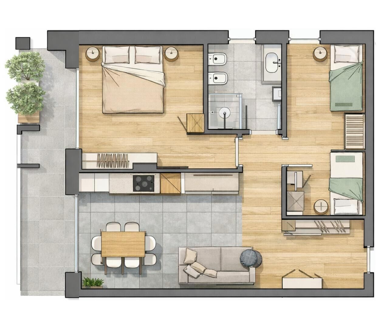Un appartement comprenant deux chambres, une cuisine, un coin repas et un petit salon.