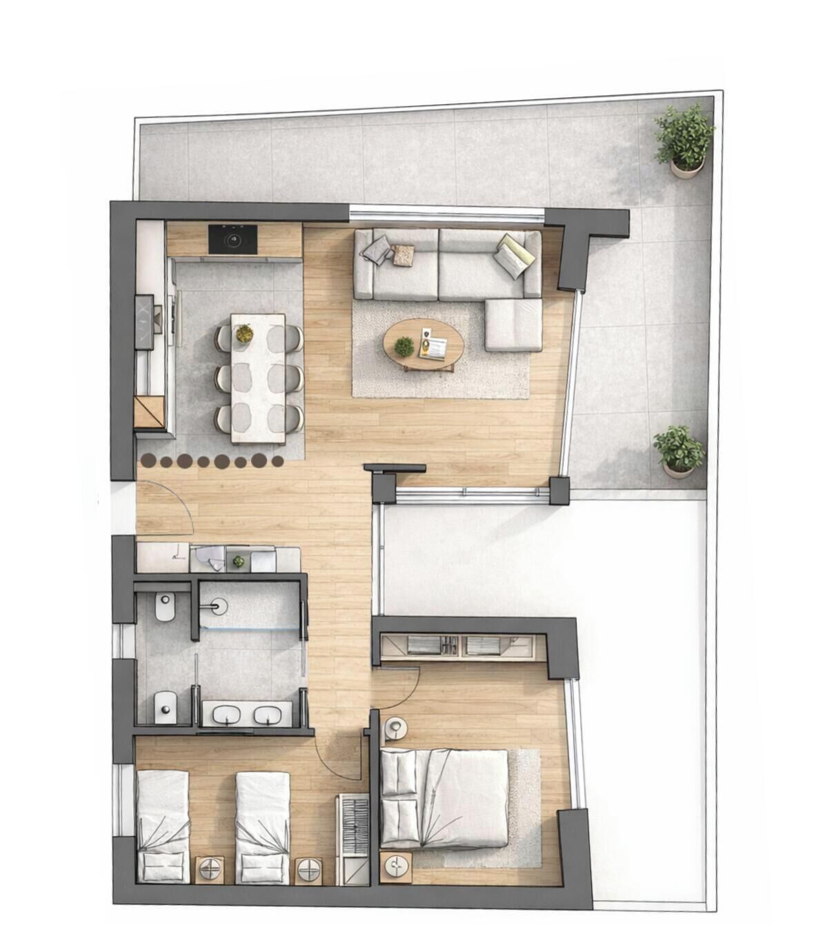 A modern apartment layout with a living area, dining space, kitchen, and two bedrooms.
