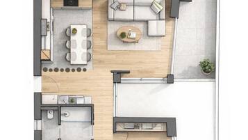 A modern apartment layout with a living area, dining space, kitchen, and two bedrooms.