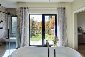 Shower, hair dryer, towels, shampoo