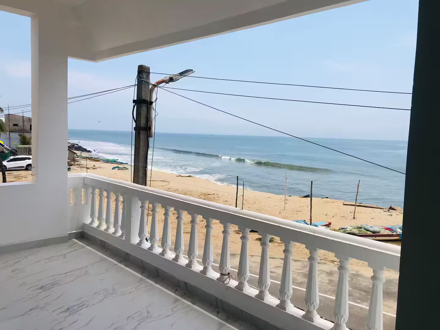 On the beach, sun-loungers