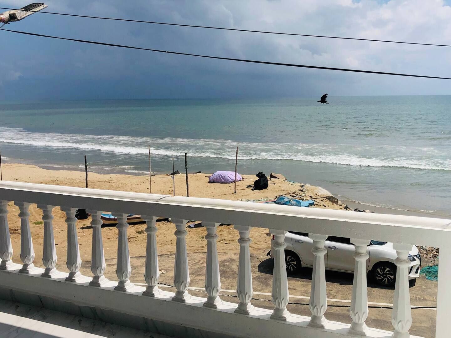 A beach with a white car parked on the sand, a purple beach umbrella, and a bird flying over the water.